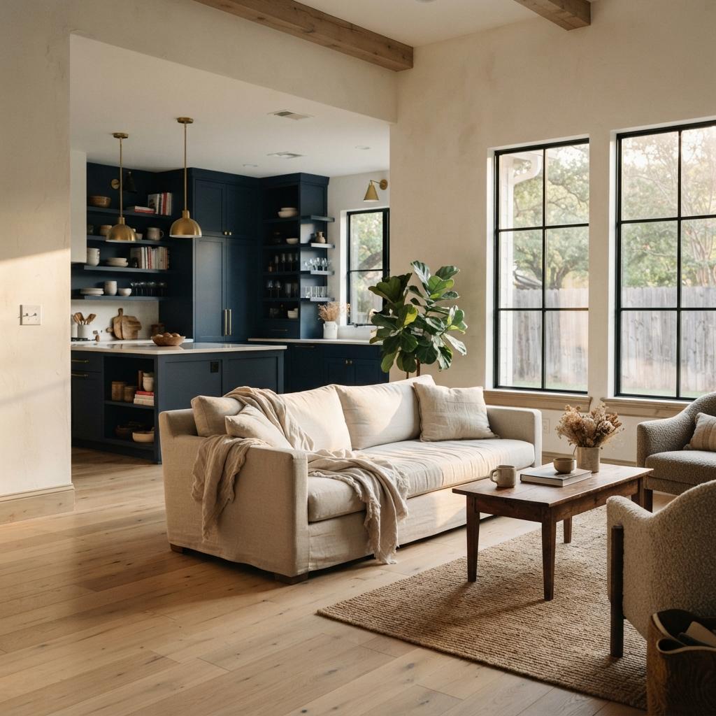 Warm open-plan living room with cream sofa, navy kitchen, plants, wood floors, and large black-framed windows.