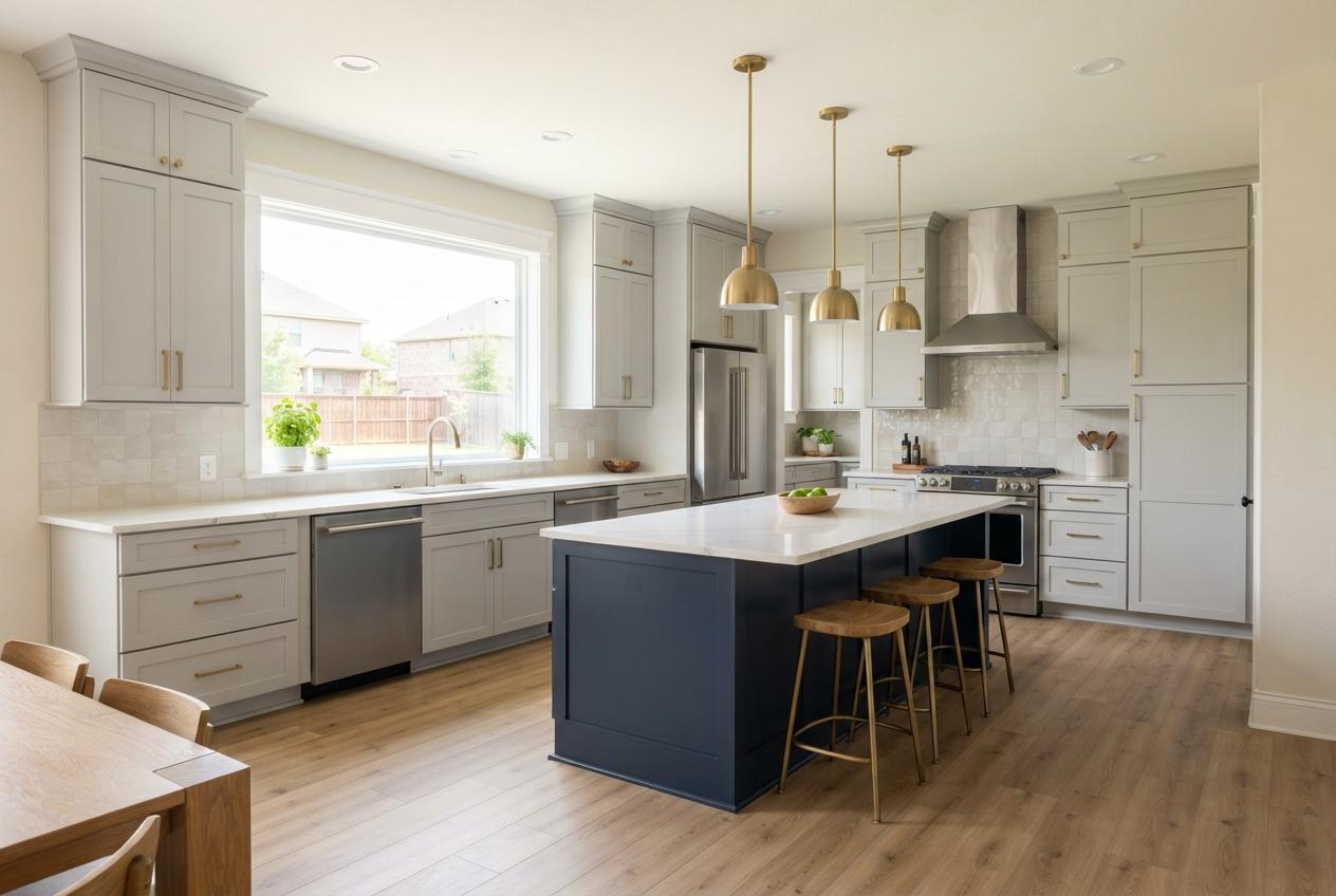 Bright modern kitchen with gray cabinets, navy island, brass pendants, stainless appliances, and wooden floors.